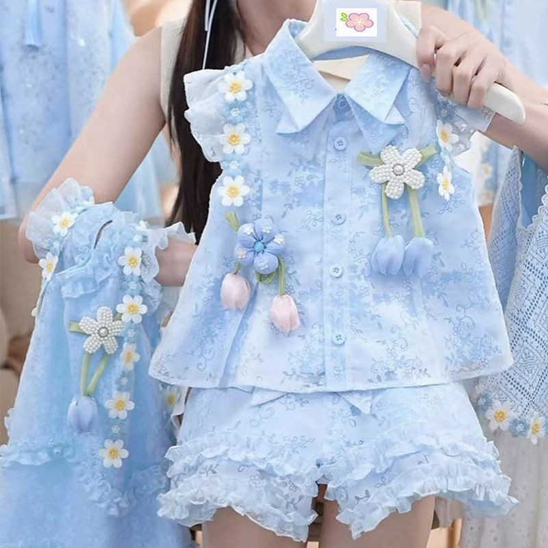 Bé Gái Mùa Hè Phong Cách Mới Thời Trang Phù Hợp Với Trẻ Em Lưới Áo Sơ Mi Cardigan Mùa Hè Thoáng Mát Bộ Đồ Hai Mảnh