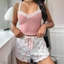 Bộ đồ ngủ đeo chéo NICOLOO, Áo hai dây in hoa Bộ đồ ngủ mỏng hai mảnh dành cho nữ, Quần short nơ có gân dệt kim ren tỉa Bộ đồ ngủ mùa hè