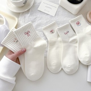 MEOWU Tất Vớ Cotton Trắng Thêu Họa Tiết Hoạt Hình Màu Hồng