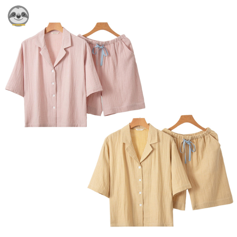 Phong cách Nhật Bản Muji Style / Bộ đồ ngủ ngắn tay sọc dây rút Cotton nguyên chất / Bộ đồ ngủ nữ sợi hai lớp phong cách mỏng Cotton sọc mùa hè