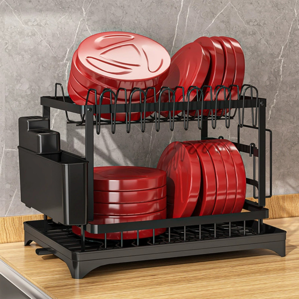 Kệ để chén bát 2 tầng NÂNG CẤP MỚI chất liệu thép carbon có khay úp cốc tiện lợi kèm đế thoát nước DINO