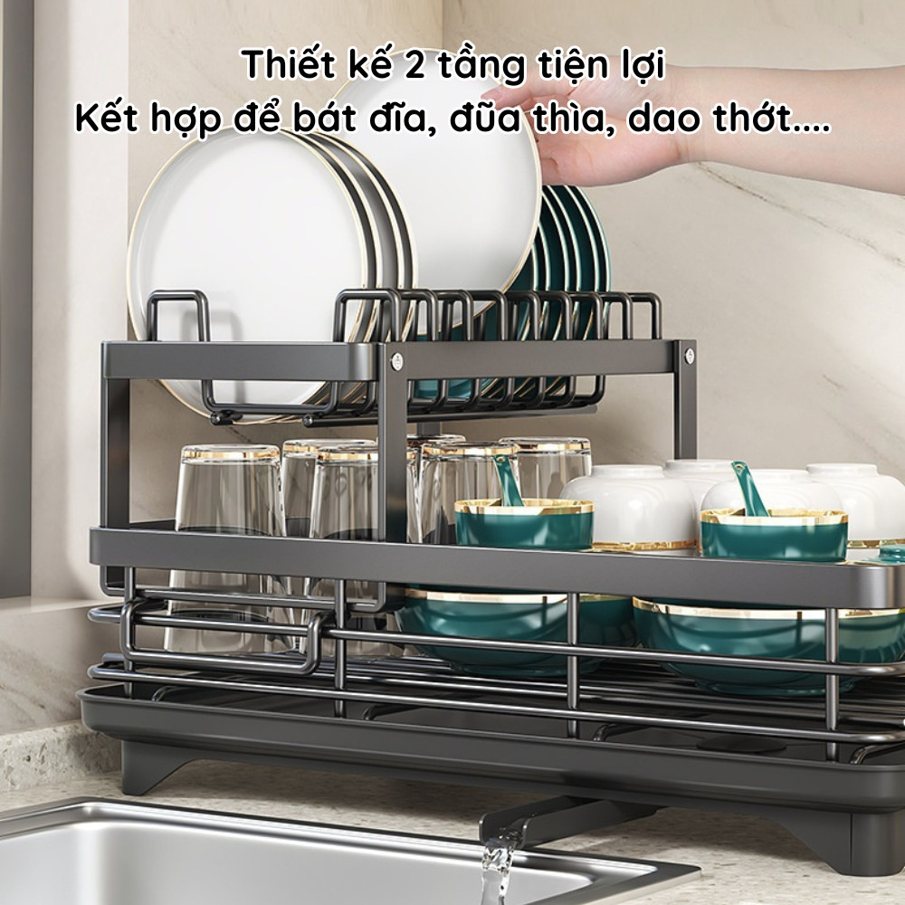 Kệ Để Chén Bát Đĩa Thép Carbon, Kệ Để Đồ Nhà Bếp 2 Tầng Thông Minh Có Khay Hứng Nước Đa Năng
