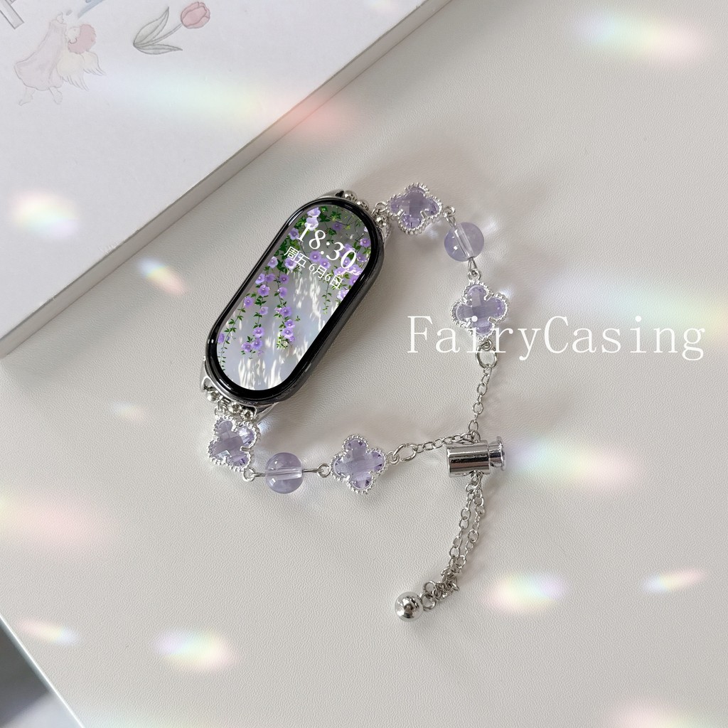 Dây đeo hạt pha lê cho Xiaomi Mi Band 10 9 8 Active 7 Pro 6 5 4 3 Dây đeo cổ tay sang trọng Long lanh Clover Vòng đeo tay không có đồng hồ
