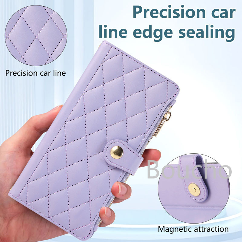 Dành Cho Google Pixel 9 8 7 6 Pro XL 8A 7A 6A 5G Khóa Da Dây Kéo Ví Điện Thoại Túi Thời Trang Thanh Lịch Flip Cover Với Dây Đeo Vai
