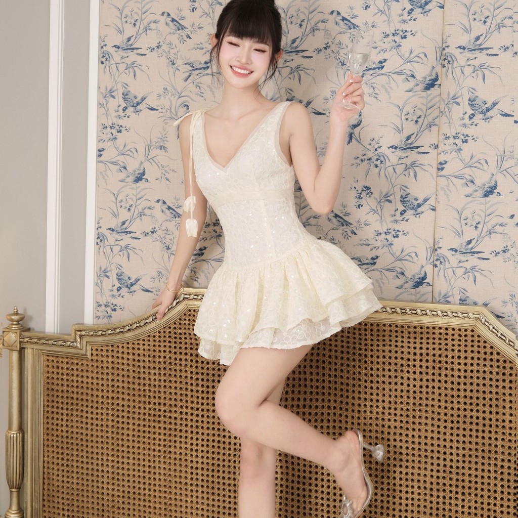 Đầm tầng xòe KHIẾT chất tơ hoa kim sa kem lấp lánh phong cách ngọt ngào quyến rũ KD234