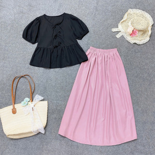 Set Áo Váy Bigsize Nữ Dễ Thương Áo Baby Doll Tay Phồng Vạt Xòe Kèm Chân Váy Dài Midi A191+CV15