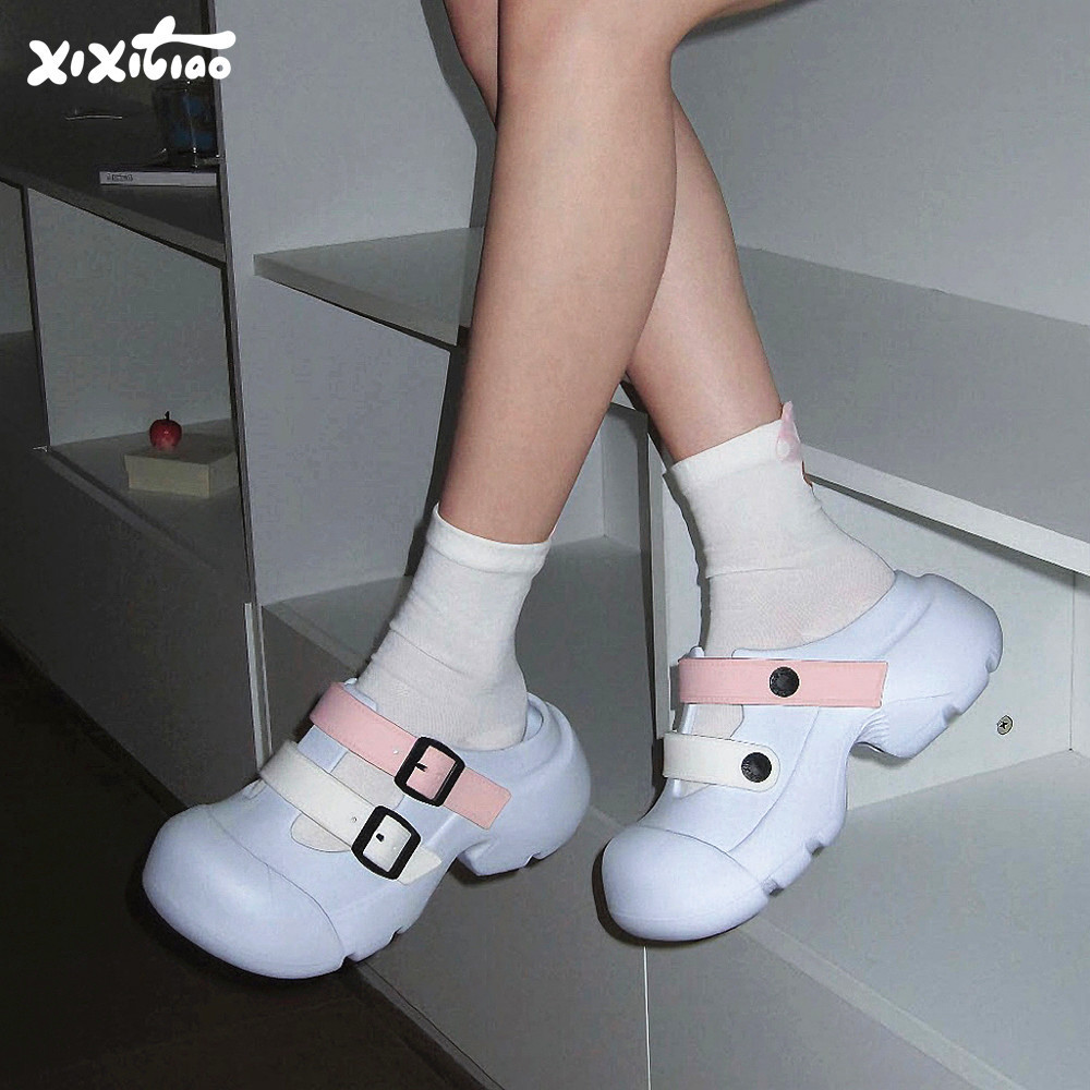 XIXITIAO Phong Cách Mới Dép Nữ Dép Đế Dày Cao Ngoài Trời Màu Mùa Hè Đôi Dây Lười Dép