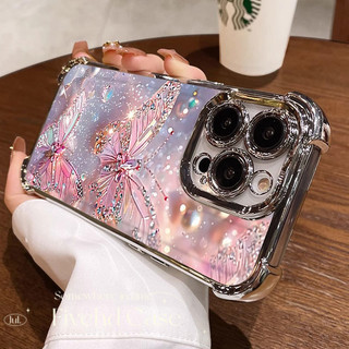 Vỏ mạ sang trọng hình bướm pha lê màu hồng Ins Hàn Quốc cho IPhone 16 11 12 13 14 15 16E Pro Xs Max X Xr 7 8 Plus SE Vỏ điện thoại TPU mềm Vỏ bảo vệ chống rơi Vỏ chống sốc