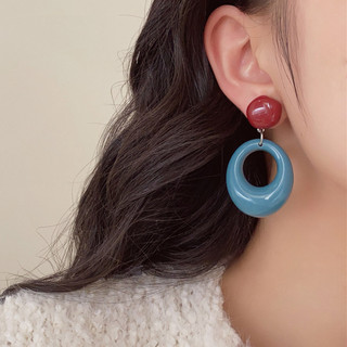 Retro Phong Cách Hồng Kông Vòng Tròn Màu Sắc Tương Phản Bông Tai Nữ Phong Cách Ngày Lễ Màu Xanh Niche Thiết Kế