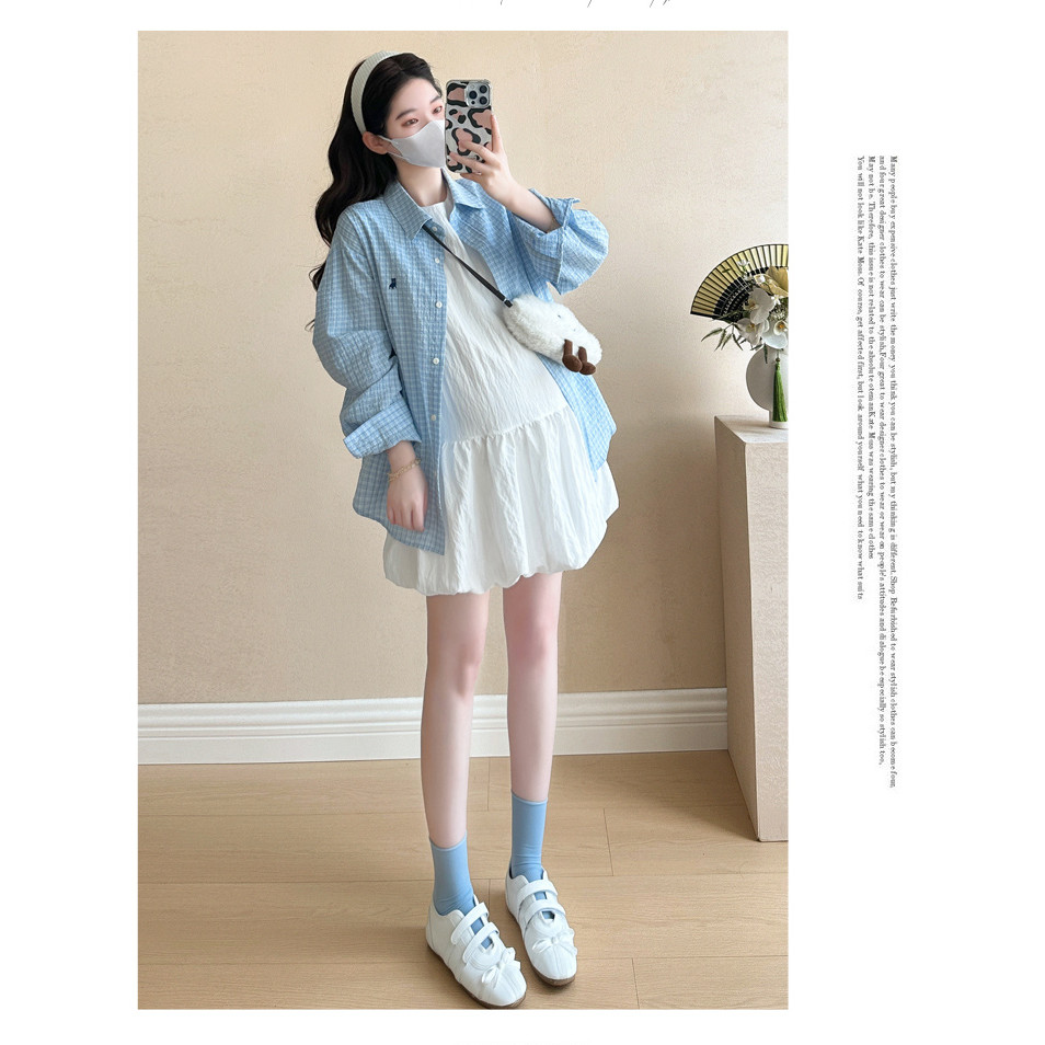 Bộ đồ bà bầu Váy Vest dáng rộng thời trang mùa hè + Áo sơ mi thêu kẻ sọc