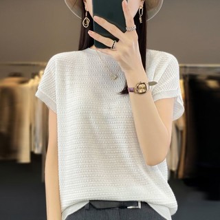 Cổ Tròn Tay Ngắn Nữ Mỏng Phong Cách Mùa Hè Phong Cách Mới Hình Kim Cương Rỗng Ôm Phù Hợp Với Đáy A