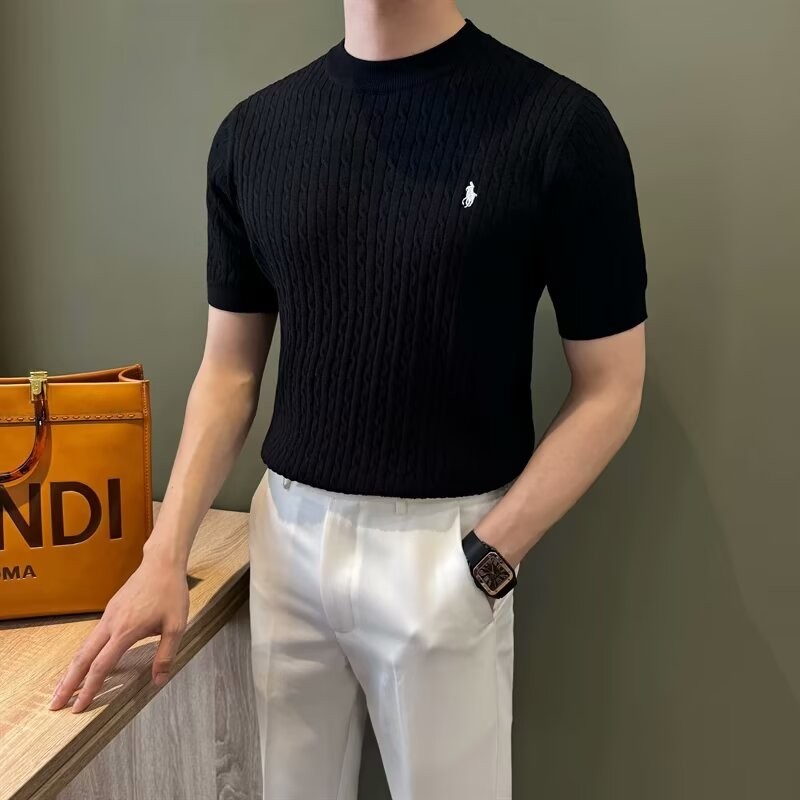 Mùa hè Mới Thêu Đan Tay Ngắn Nam Slim Fit Áo Thun Công Sở Thường Ngày