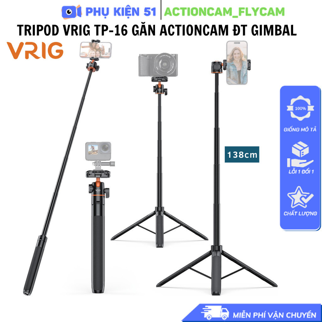 VRIG TP-21 Treppiede 2-in-1 E Bastone Selfie – Altezza 30,5-136,5 Cm, 5 Sezioni, In Alluminio, Per Insta360, Action Cam E Smartphone