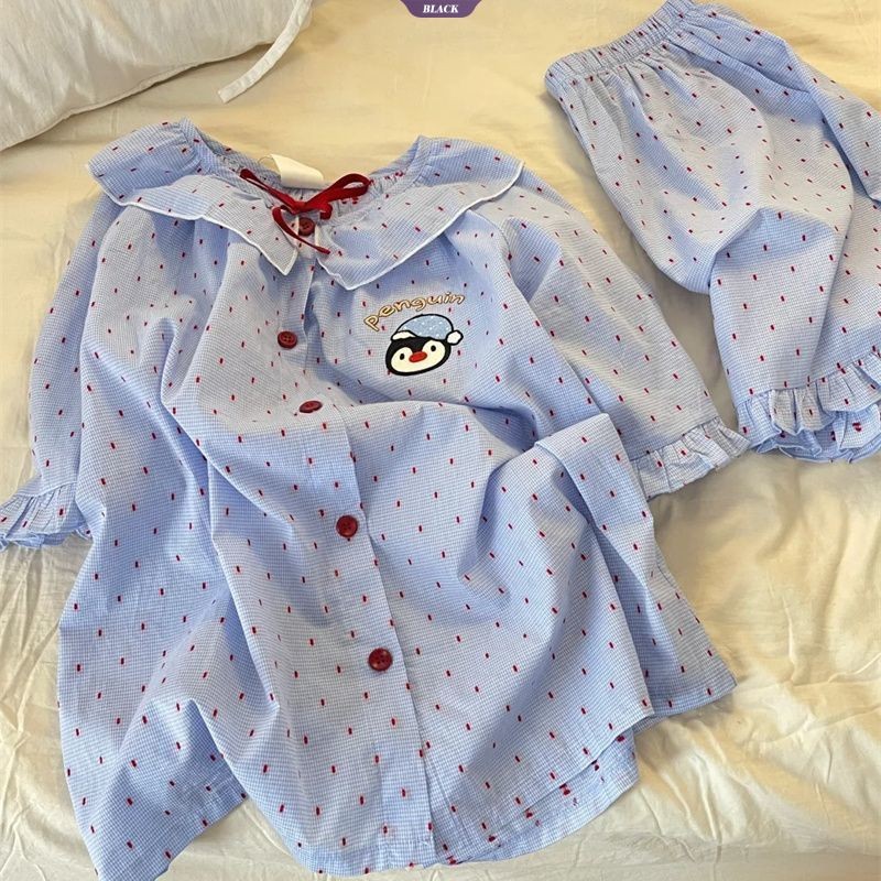 Penguin Chấm Bi Bộ Đồ Ngủ Ren Nữ Mùa Hè 2025 Mới Ngọt Ngào Quần Short Tay Loopy Set [BL]