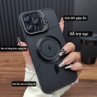 Ốp lưng iPhone silicon chống sốc chống trầy kèm giá đỡ camera hỗ trợ từ tính cho iPhone 13 14 15 16 Pro Max 14 15 Plus