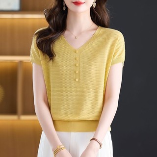 Tay Ngắn Cổ Tròn Mùa Hè 2025 Phong Cách Phương Tây Bao Bụng Cổ Chữ V Áo Thun Rời Đan Top Nữ Mẹ Mặc