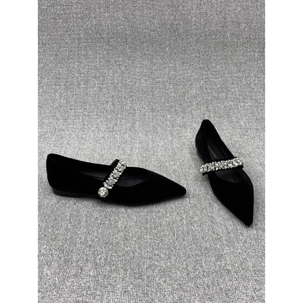 Giày Nữ Size Lớn (32-44) Size Nhỏ 32 33 34 Nhung Mũi Nhọn Miệng Nông Gót Thấp Dây Đeo Kim Cương Giả Mary Jane Giày Đơn Nữ JUNE10