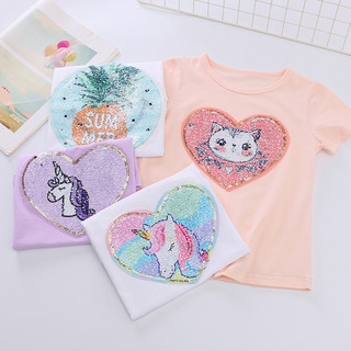 Áo thun Sequin lật bé gái 2025 với thiết kế Unicorn Pony và phong cách mùa hè dễ thương