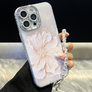 Phim bảo vệ ống kính lấp lánh Laser Hoa hồng Pha lê Wrsit Đính cườm Dây chuyền điện thoại cho iPhone 16Promax 16Plus 12 13 14 15 Pro Max 11 Vỏ điện thoại di động nữ tính ngọt ngào