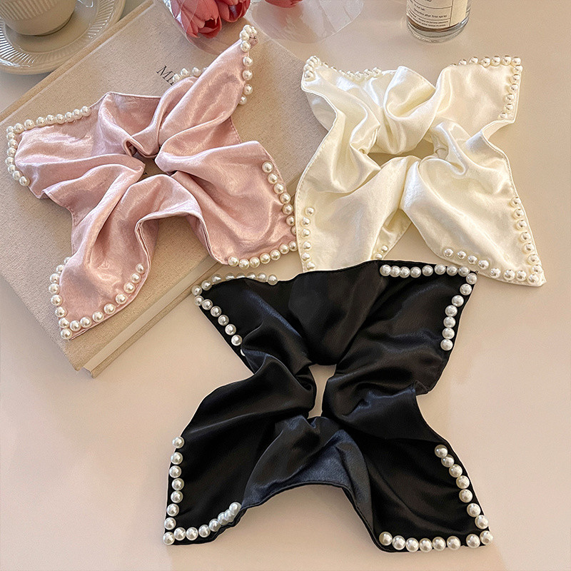 Dây buộc tóc vuông satin ngọc trai kiểu Pháp, khăn vuông oversized, dây buộc tóc thanh lịch cho đuôi ngựa thấp, phụ kiện tóc YBDJ