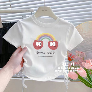Áo thun dây rút hoạt hình in hình anh đào 2025 cho bé gái Mùa hè phong cách ngọt ngào Áo thun trẻ mới biết đi