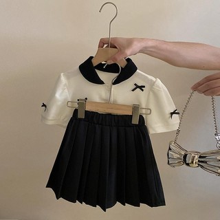 Mùa Hè Phong Cách Mới Bé Gái Ngọt Ngào Xếp Ly Váy Phù Hợp Với Ba Chiều Nơ Áo Thun Tay Ngắn Váy Bé