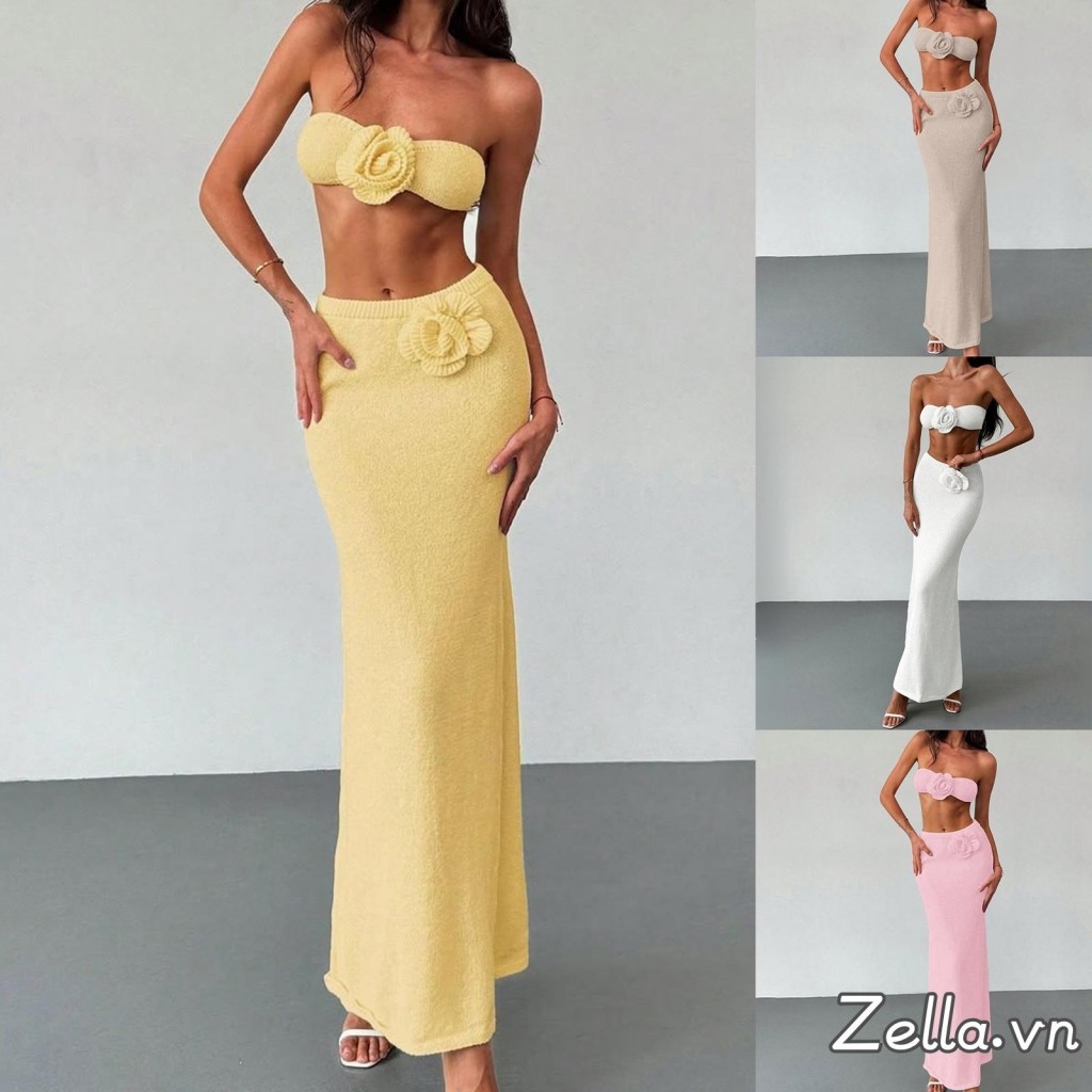 Bộ trang phục mùa hè 2 mảnh dành cho nữ Áo ống hoa 3D quây + Bộ váy dài Đồ đi biển