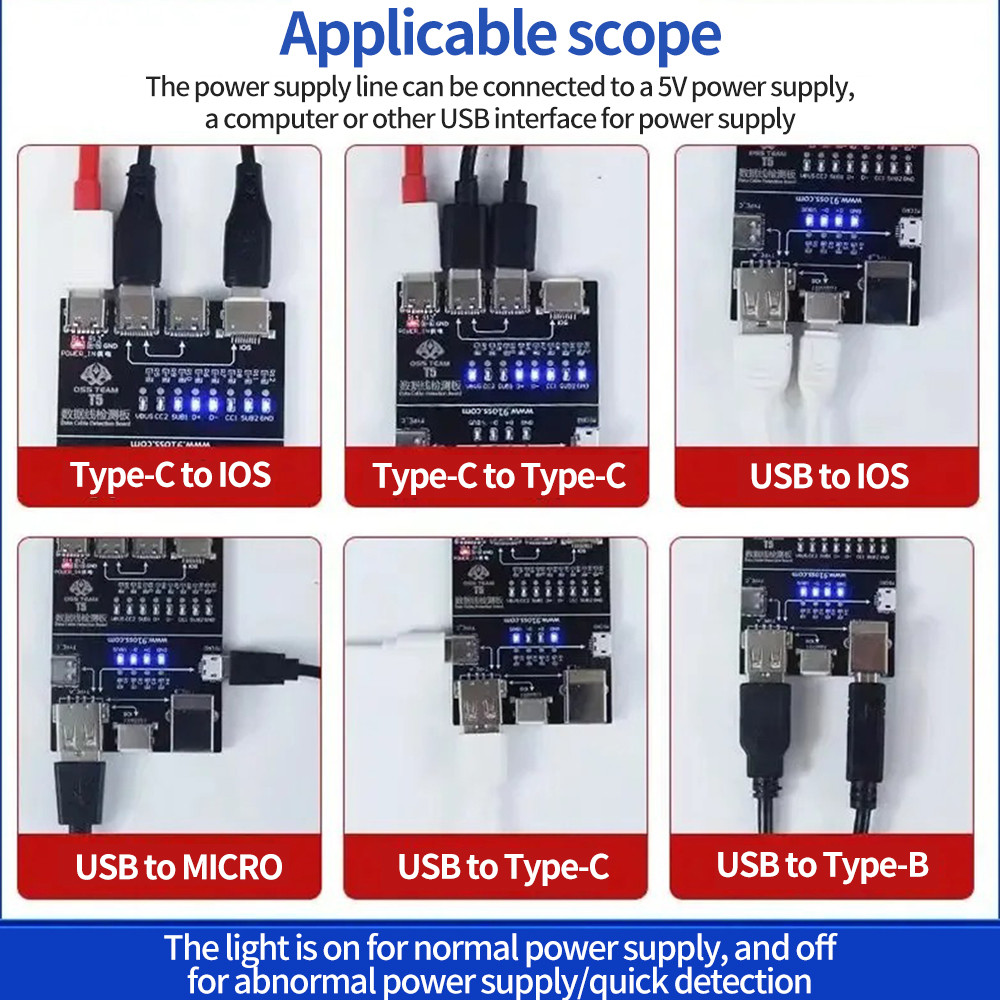 Bảng phát hiện cáp dữ liệu bật tắt OSS T5 cho IOS Android Lightning / Type-C / Micro / USB Data Line Kiểm tra bất thường Máy dò nhanh