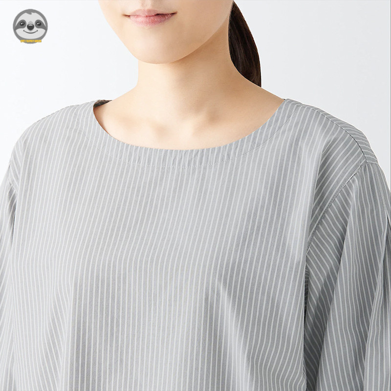 Phong cách Nhật Bản Muji Style / Áo kiểu cổ tròn nửa tay Cotton nữ / Áo sơ mi dáng rộng bằng lụa Cotton