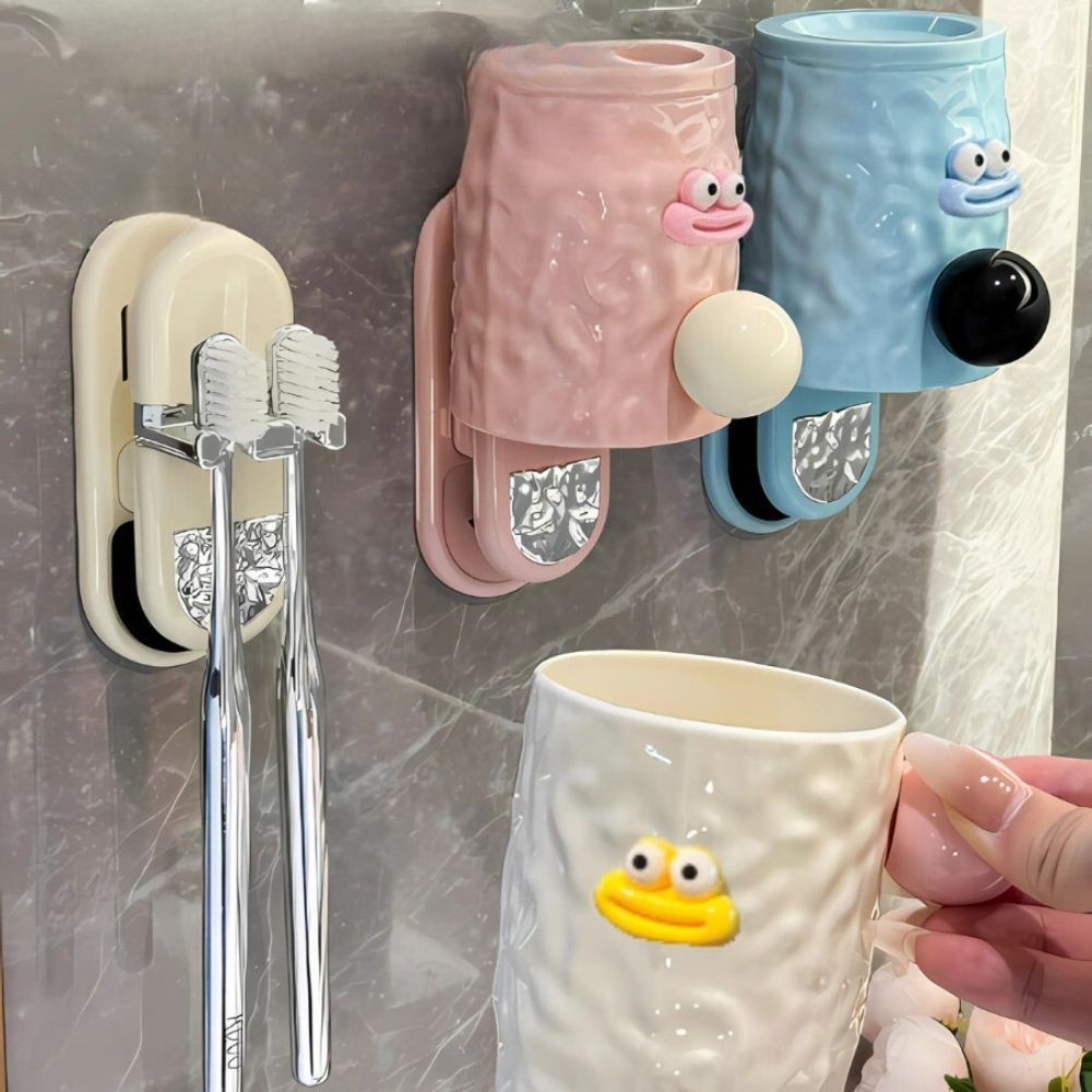 Giá Treo Cốc Đánh Răng Hình Vịt Dán Tường, Giá Để Bàn Chải, Kem Đánh Răng 3 Trong 1 Họa Tiết Cute