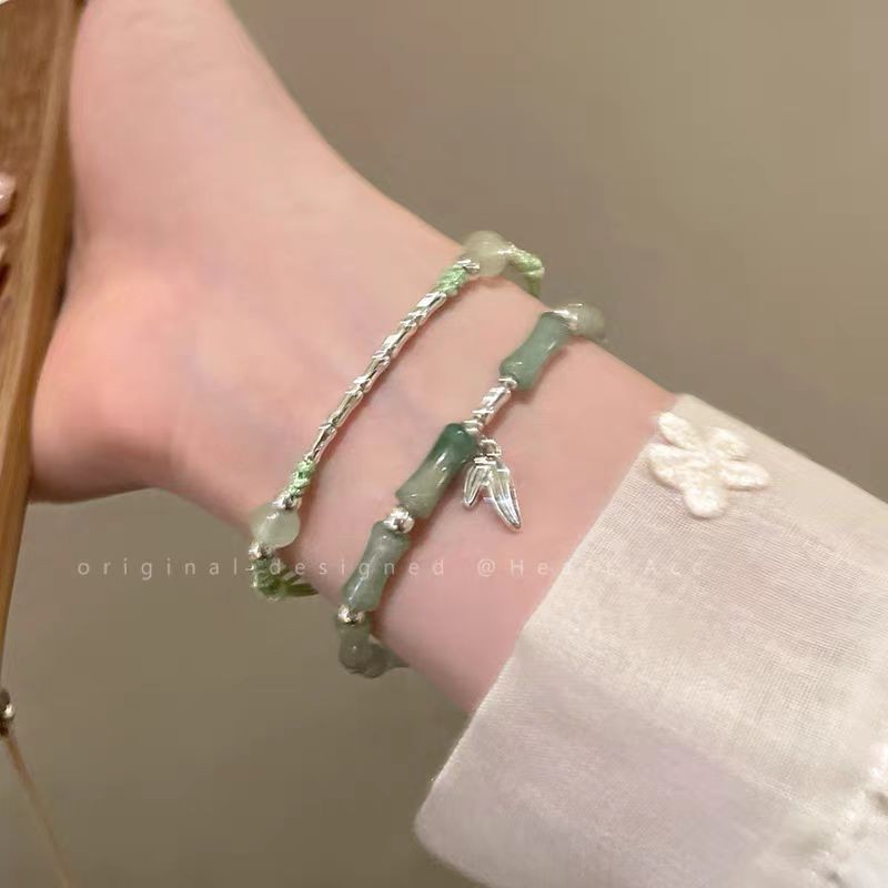 Vòng tay nút tre chống ngọc bích phong cách Trung Quốc mới cho phụ nữ, trang sức tay sang trọng nhẹ nhàng phong cách Trung Quốc hai lớp xếp chồng mang lại cảm giác mát mẻ