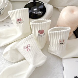 MEOWU Tất Vớ Cotton Trắng Thêu Họa Tiết Hoạt Hình Màu Hồng
