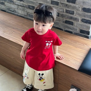 Áo thun ngắn tay mùa hè mới cho trẻ em, phong cách Hàn Quốc, cho bé trai và bé gái, in hình hoạt hình, áo đỏ rộng rãi thoải mái