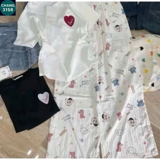 Sét Bộ Quần Hoạt Hình + mix áo CROPTOP ngắn-in hình trái tim love ở ngực-CHANG3158