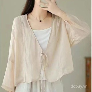 Áo khoác ngắn mùa hè mới, nhẹ, bảo vệ khỏi nắng, cổ V, áo cardigan buộc dây