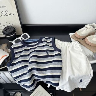 Bộ áo vest mùa hè cho bé trai, áo không tay sọc + quần short, bộ hai mảnh thường ngày cho bé trai