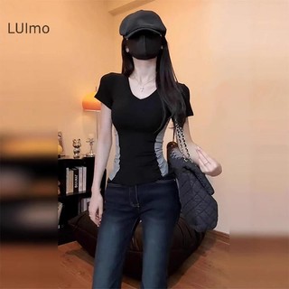 LUImo Mùa Hè Mỹ Retro Màu Sắc Tương Phản Gợi Cảm Cổ Chữ V Tay Ngắn Áo Thun Nữ SBS