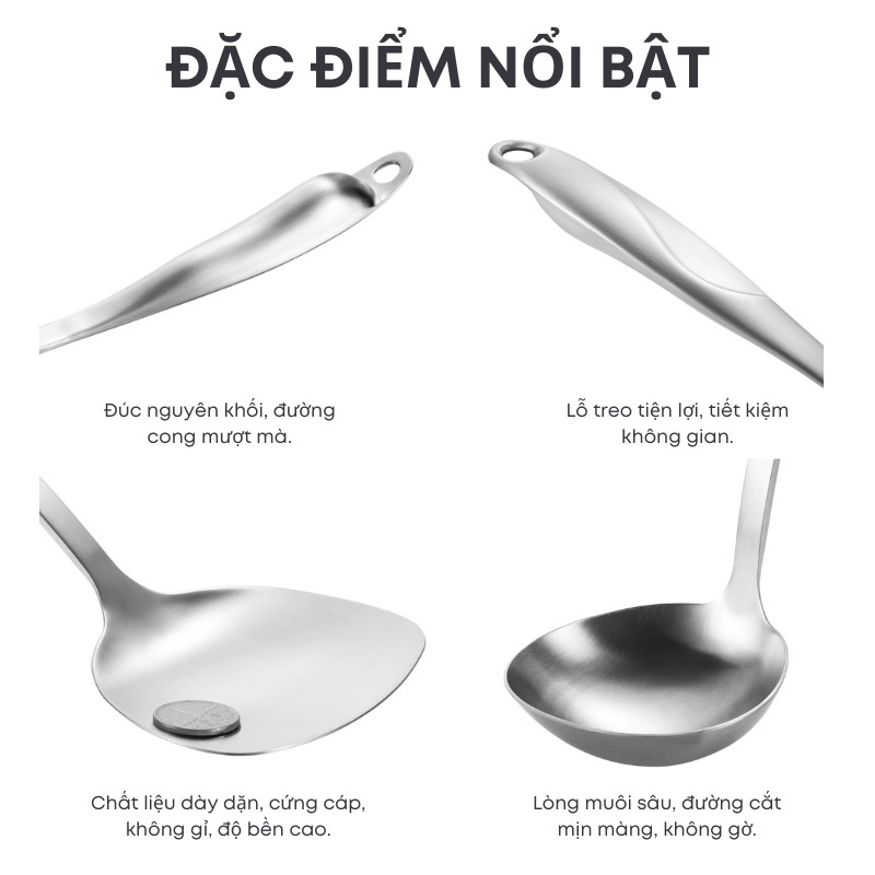 Bộ Muôi Vá Múc Canh Và Xẻng Inox 304 Cao Cấp 36cm – Tay Cầm Êm, Chống Nóng, Không Làm Xước Chảo | 288