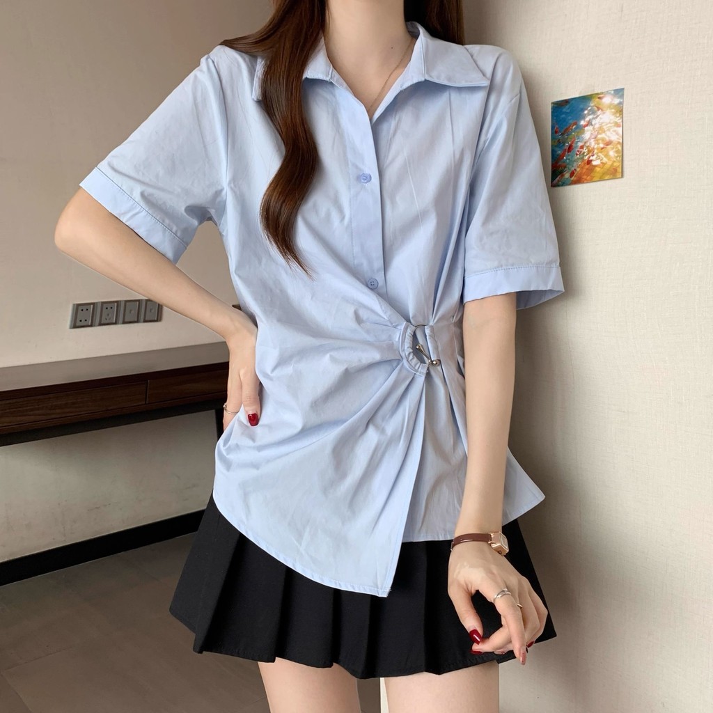 SUXI Áo sơ mi nữ màu trơn đơn giản nhẹ nhàng mùa hè mới 250530