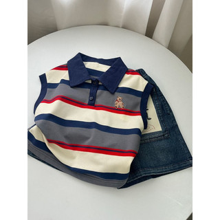 Áo vest polo mùa hè mới cho bé trai và bé gái, thêu gấu, áo phông không tay sọc cho trẻ em
