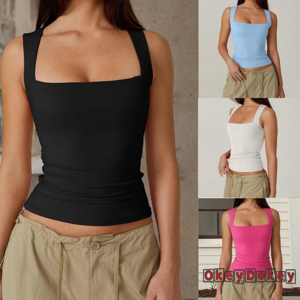 OKDK-Áo ba lỗ cổ vuông không tay màu trơn Slim Fit mùa hè