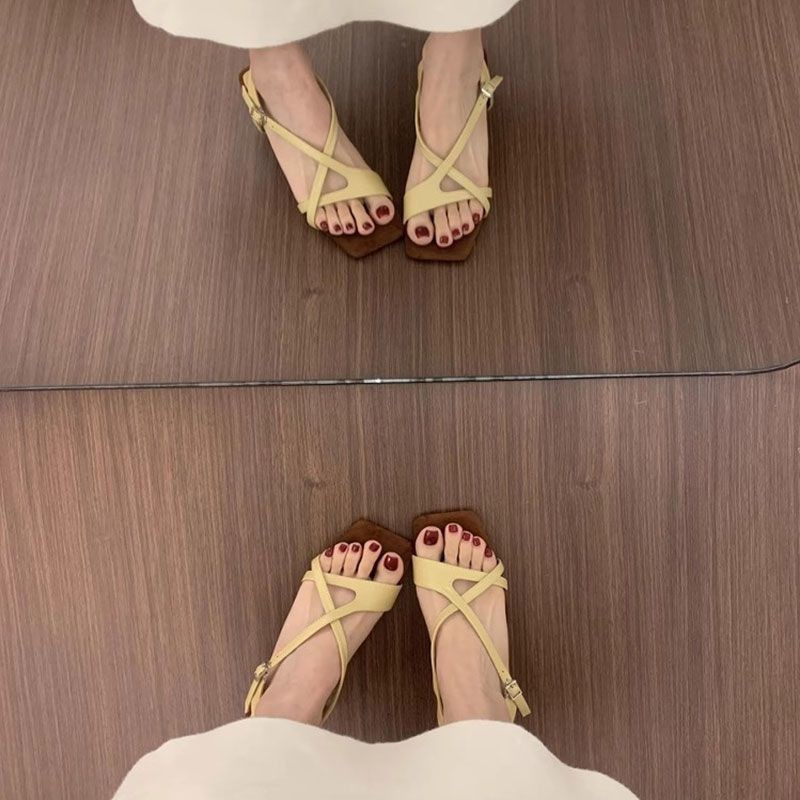 Xăng đan Mũi Vuông Cổ Điển Cho Nữ Phong Cách La Mã Giày Cao Gót Thấp 3cm