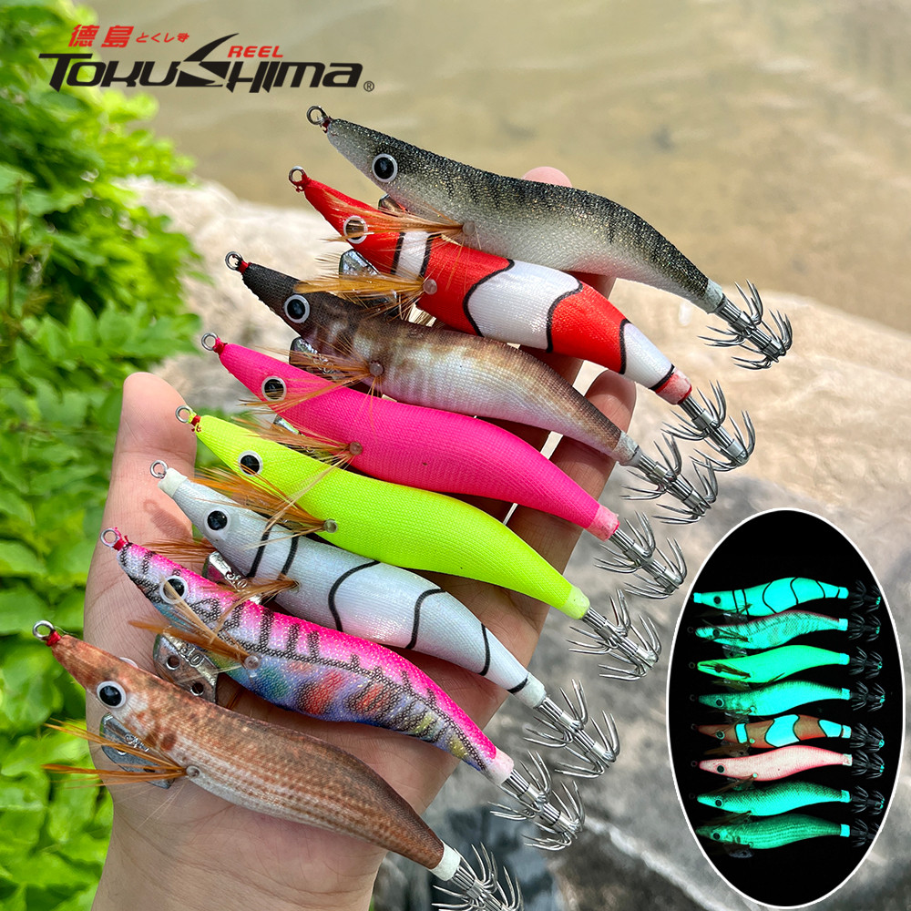 Mồi đúc phát sáng 8cm / 10cm / 12cm - Jig tôm gỗ có mắt 3D cho mực