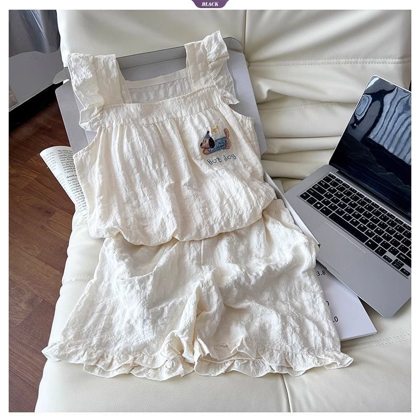 Có Đệm Ngực Dachshund Bộ Đồ Ngủ Nữ Mùa Hè Suspender Quần Short Two-Piece Cute Anime Homewear [BL]