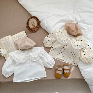 Áo sơ mi cổ búp bê cho bé gái phong cách Hàn Quốc mùa xuân và mùa thu, viền ren, họa tiết chấm bi, trang phục bên trong cho trẻ nhỏ, áo dài tay