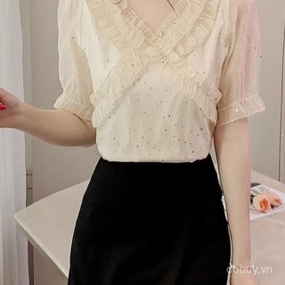 2025 Mùa hè Mới về Áo chiffon sequin xếp nếp siêu nữ tính cho phụ nữ
