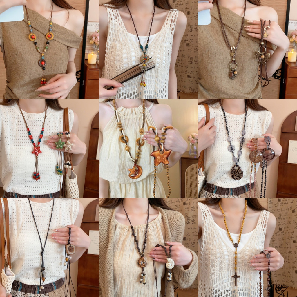 Dây sáp phong cách Boho bướm sao biển mặt dây chuyền vòng cổ retro dễ dàng phù hợp với vòng cổ dài phụ kiện thời trang dành cho nữ