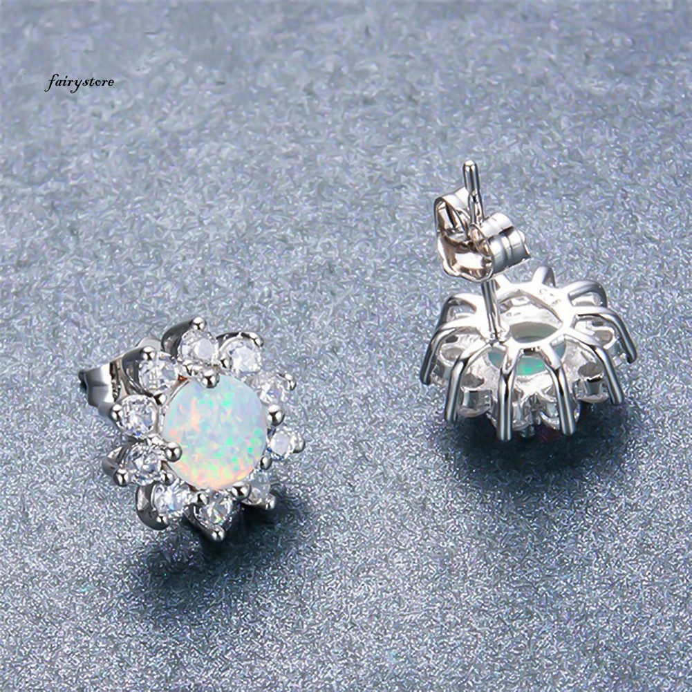 Fairystore| Sáng Bóng Tròn Giả Opal Vương Miện Hình Quyến Rũ Bông Tai Nữ Dự Tiệc Trang Sức Quà Tặng