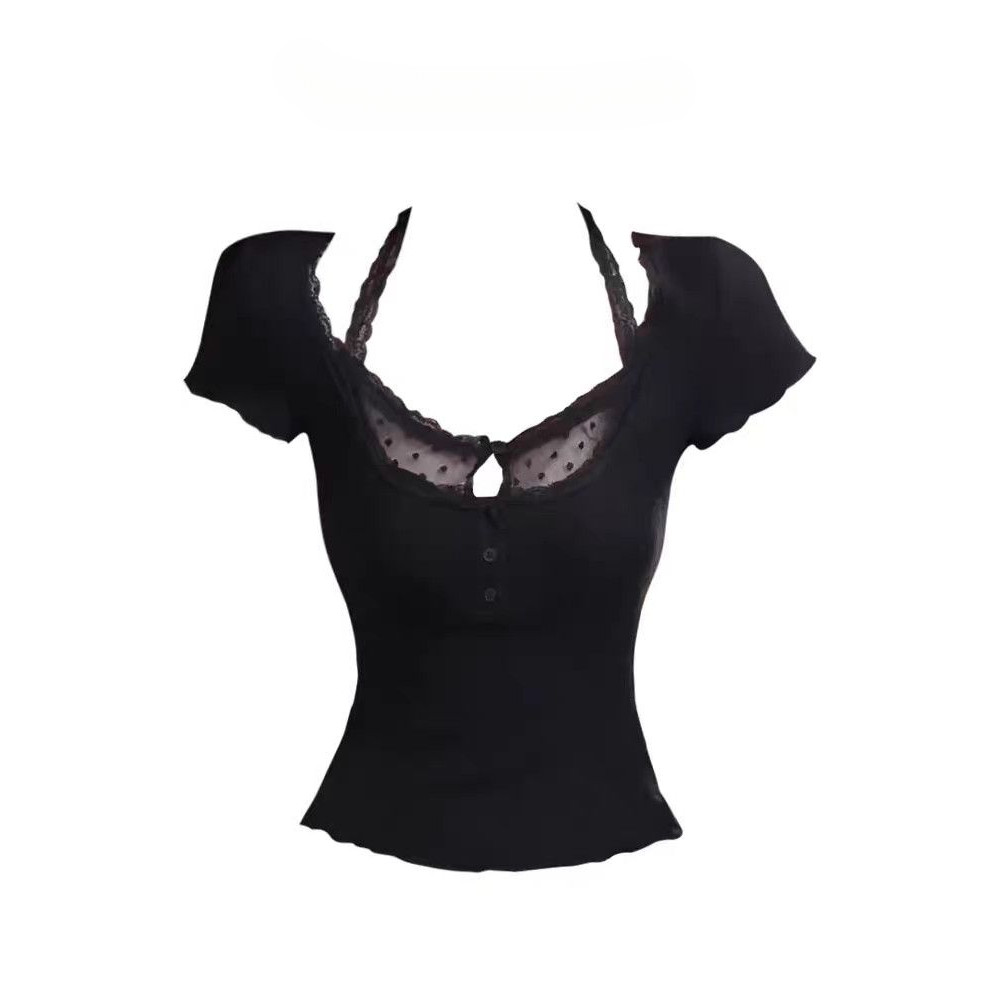 Milyfashion Đen Khâu Ren Top Mùa Hè Phong Cách Mới Slim-fit Ôm Hơn Nhìn Ngắn Tay Ngắn Ngắn Top