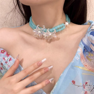 Vòng cổ hoa ngọc trai hai lớp màu xanh nhạt, vòng cổ thích hợp kiểu Pháp dành cho nữ